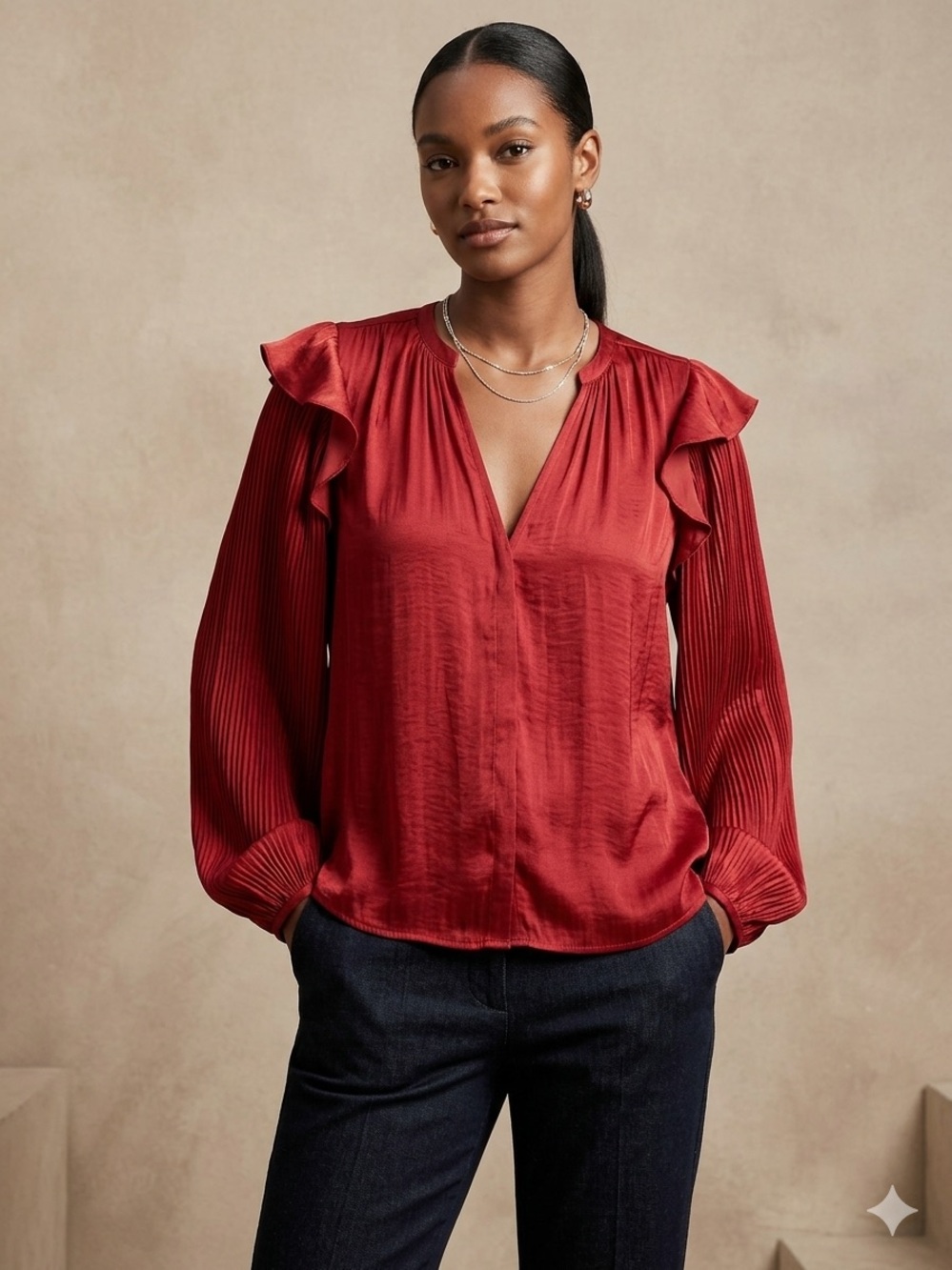 Dolan Pleated V-Neck Ruffle Shoulder Blouse - Brick Red